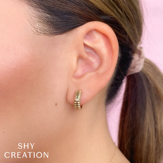 14K Yellow Gold Diamond Huggie Earrings