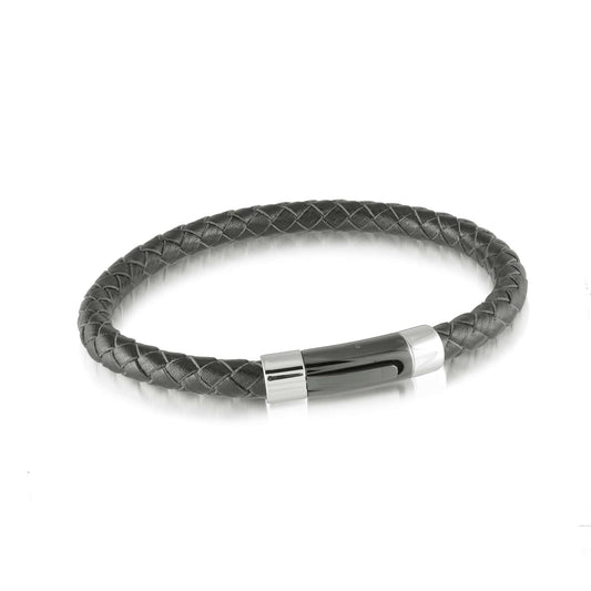ItalGem Steel Men's Bracelet in Stainless Steel with Black Leather