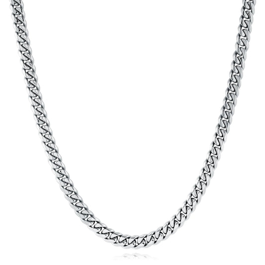 Polished stainless steel Cuban link chain.