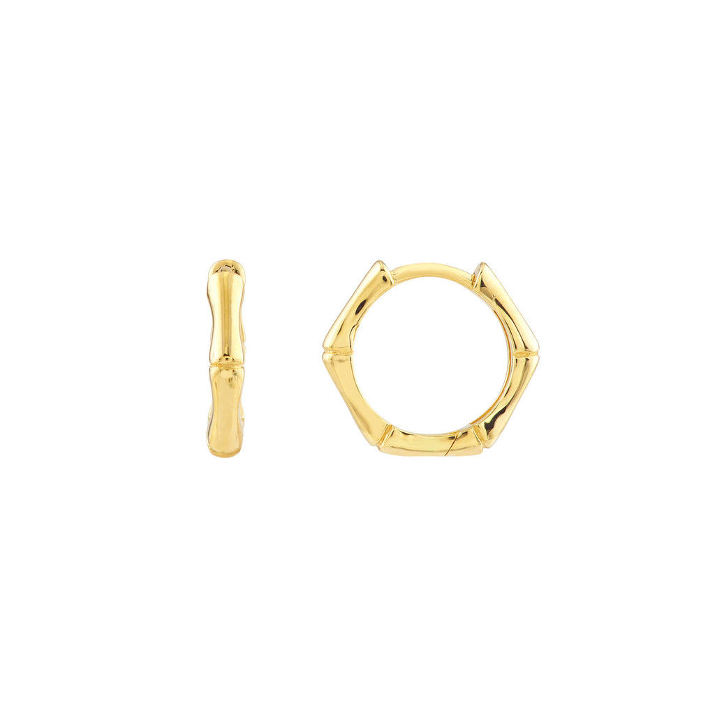 14K yellow gold bamboo-style hoop earrings.