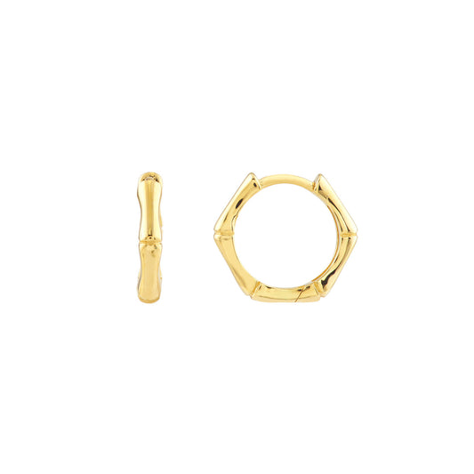14K yellow gold bamboo-style hoop earrings.
