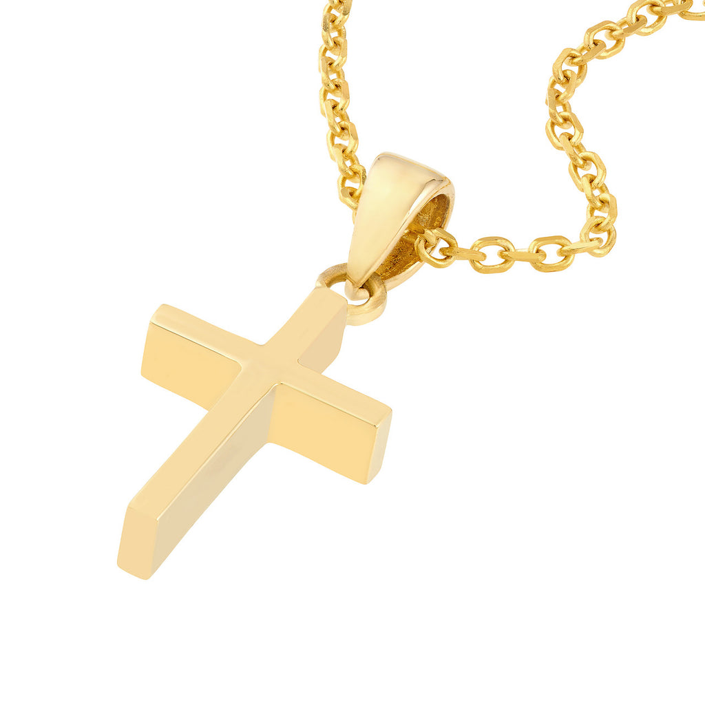 Dual-tone gold cross necklace, minimalist design.