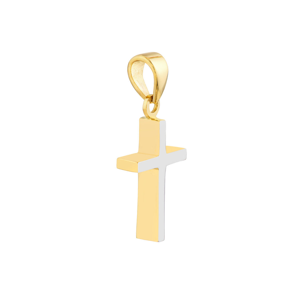 Dual-tone gold cross necklace, minimalist design.