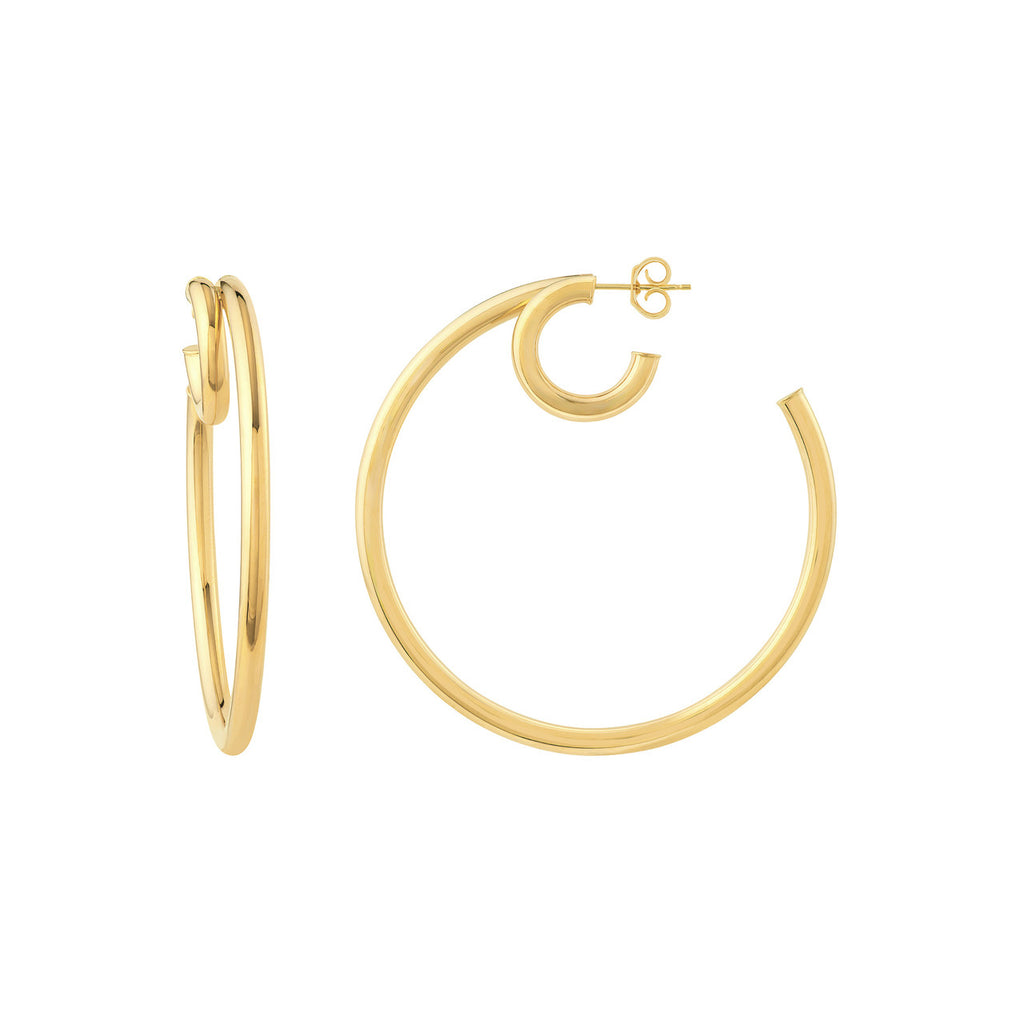 14K yellow gold hoop earrings, polished finish.