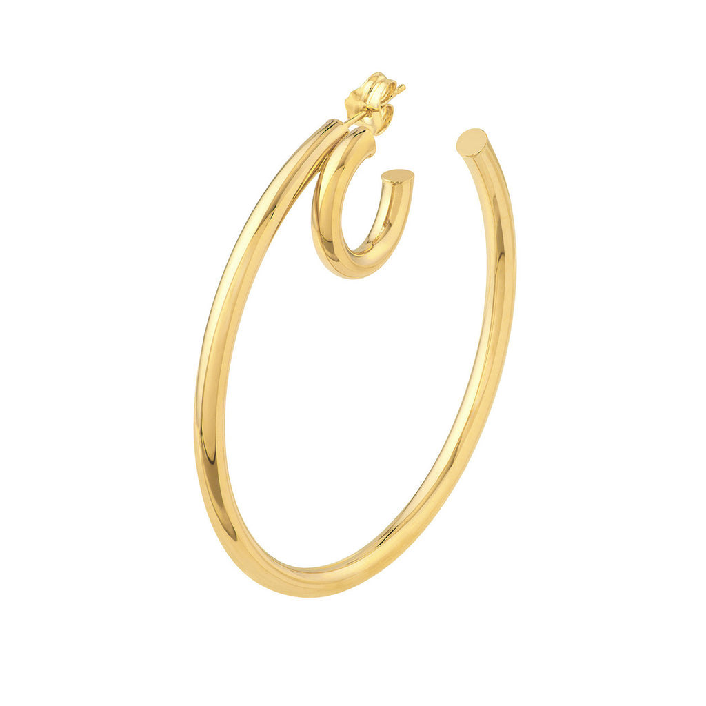 14K yellow gold polished hoop earrings.