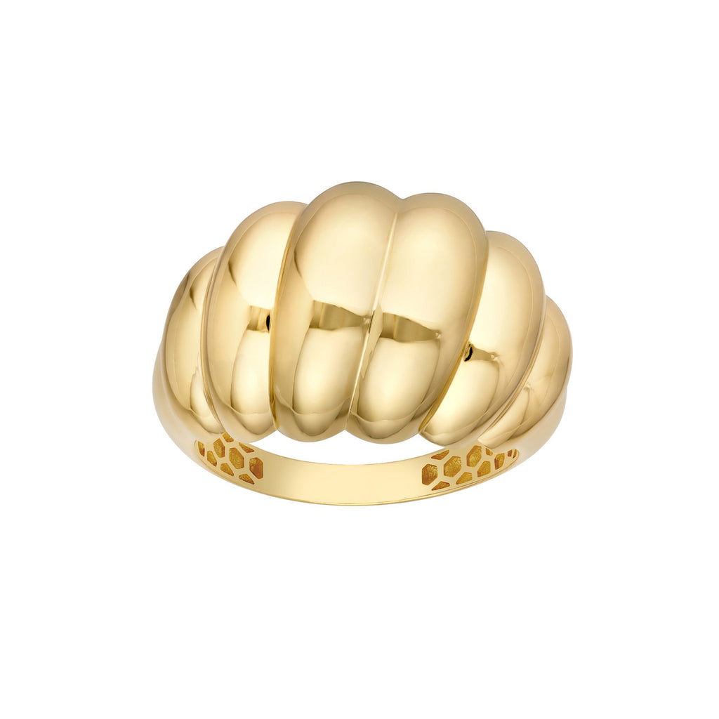 Polished yellow gold band, ribbed design.