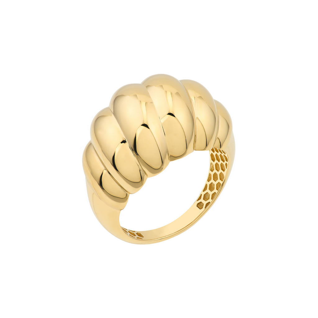 Polished yellow gold band with ridged design.
