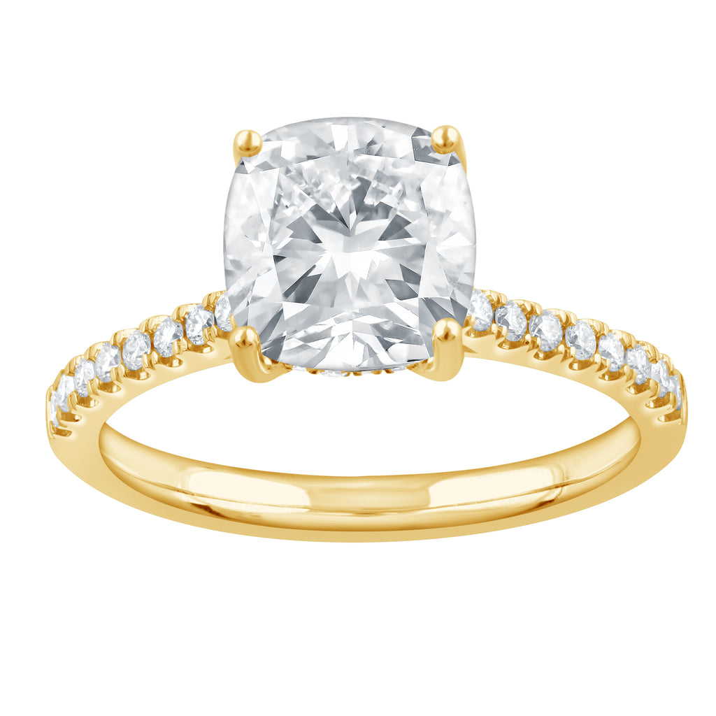 Hidden Accent Side Stone Lab-Grown Diamond Complete Engagement Ring in 14 Karat Yellow with 1 Square Cushion Lab Grown Diamond, Color: E, Clarity: VS1, totaling 2.08ctw (Yellow Gold)