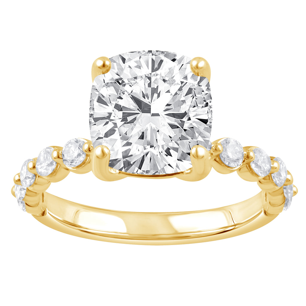Side Stone Lab-Grown Diamond Complete Engagement Ring in 14 Karat Yellow with 1 Cushion Lab Grown Diamond, Color: F, Clarity: VS1, totaling 3.09ctw (Yellow Gold)
