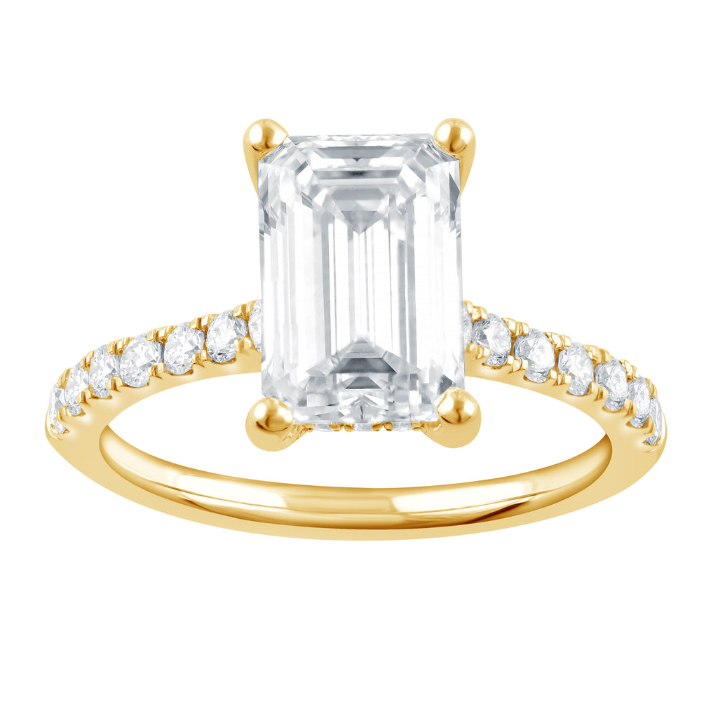 Hidden Accent Lab-Grown Diamond Complete Engagement Ring in 14 Karat Yellow with 1 Emerald Lab Grown Diamond, Color: F, Clarity: VS2, totaling 3.02ctw (Yellow Gold)