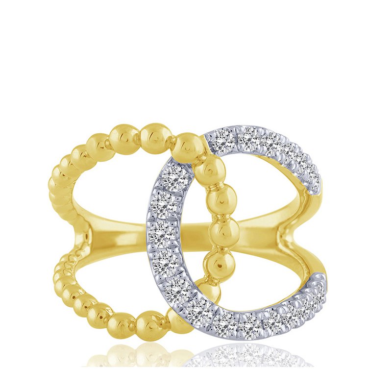 Angled view of a two-tone ring featuring interlocking yellow gold beaded circles and a white gold circle set with round diamonds.