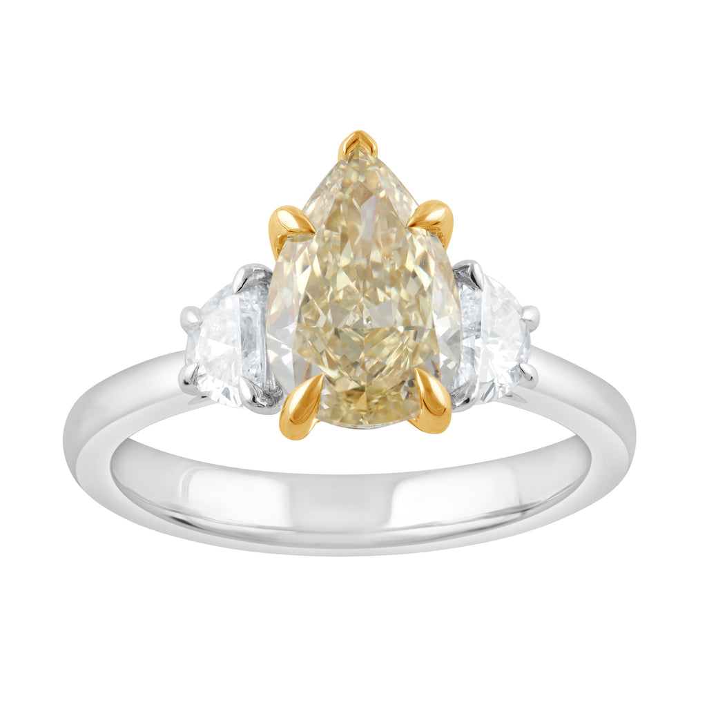 Hidden Accent Side Stone Lab-Grown Diamond Complete Engagement Ring in 14 Karat White with 1 Pear Lab Grown Diamond, Color: Intense Yellow, Clarity: VS1, totaling 2.08ctw
