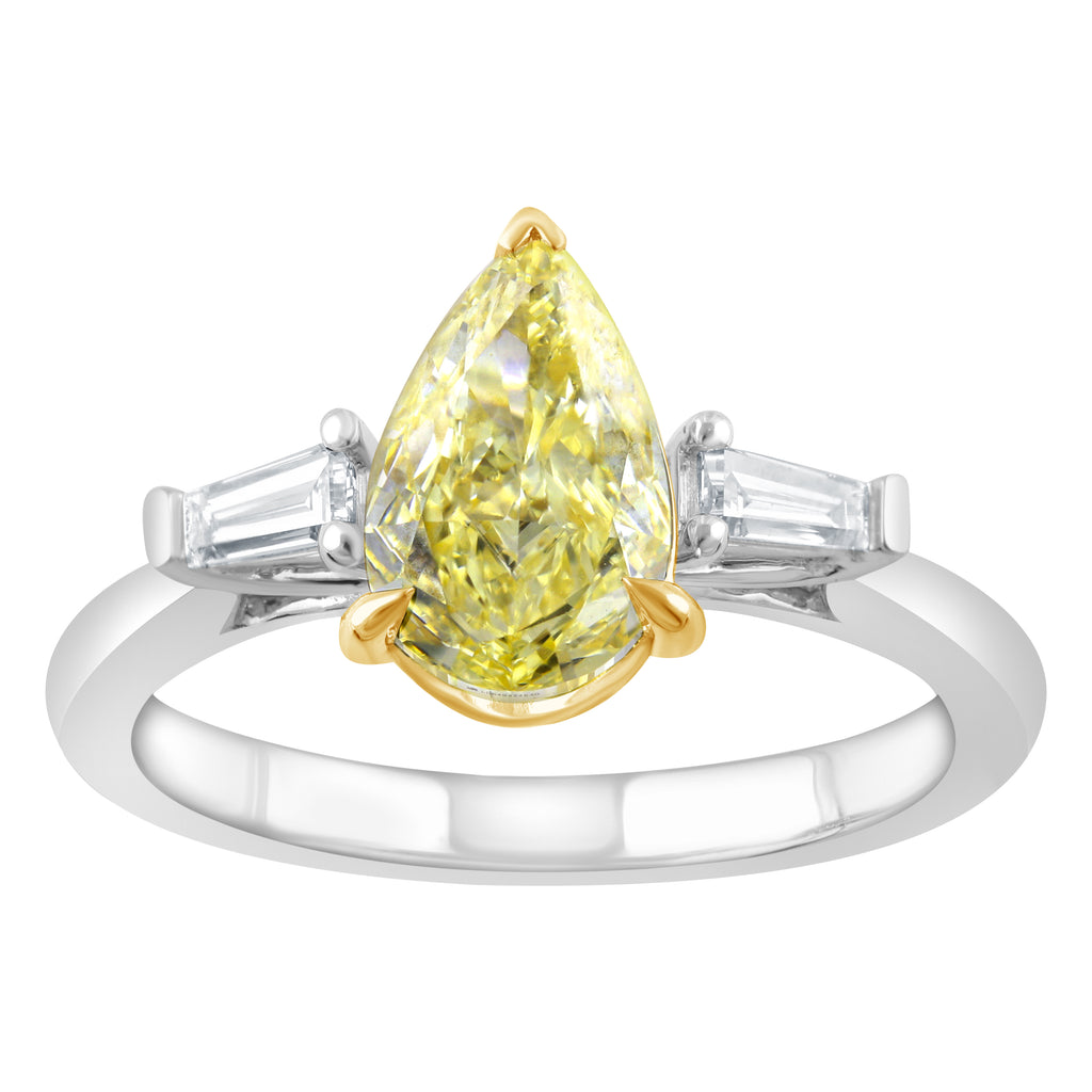 Side Stone Lab-Grown Diamond Complete Engagement Ring in 14 Karat White with 1 Pear Lab Grown Diamond, Color: Intense Yellow, Clarity: VS1, totaling 1.57ctw