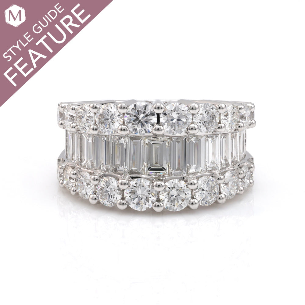 14K white gold band with round diamonds.