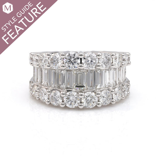 14K white gold band with round diamonds.