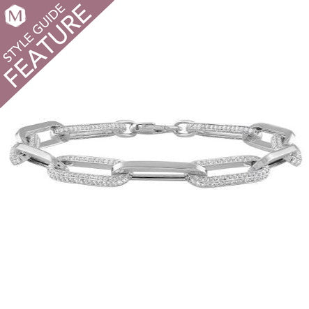 Paperclip bracelet with round diamonds, white gold.
