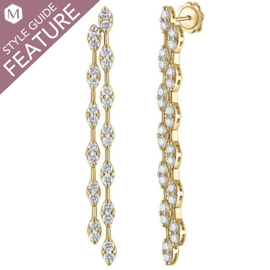 Diamond earrings in yellow gold, elongated design.