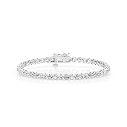 Front view of a white gold tennis bracelet featuring a continuous row of round bezel-set diamonds with a box clasp.
