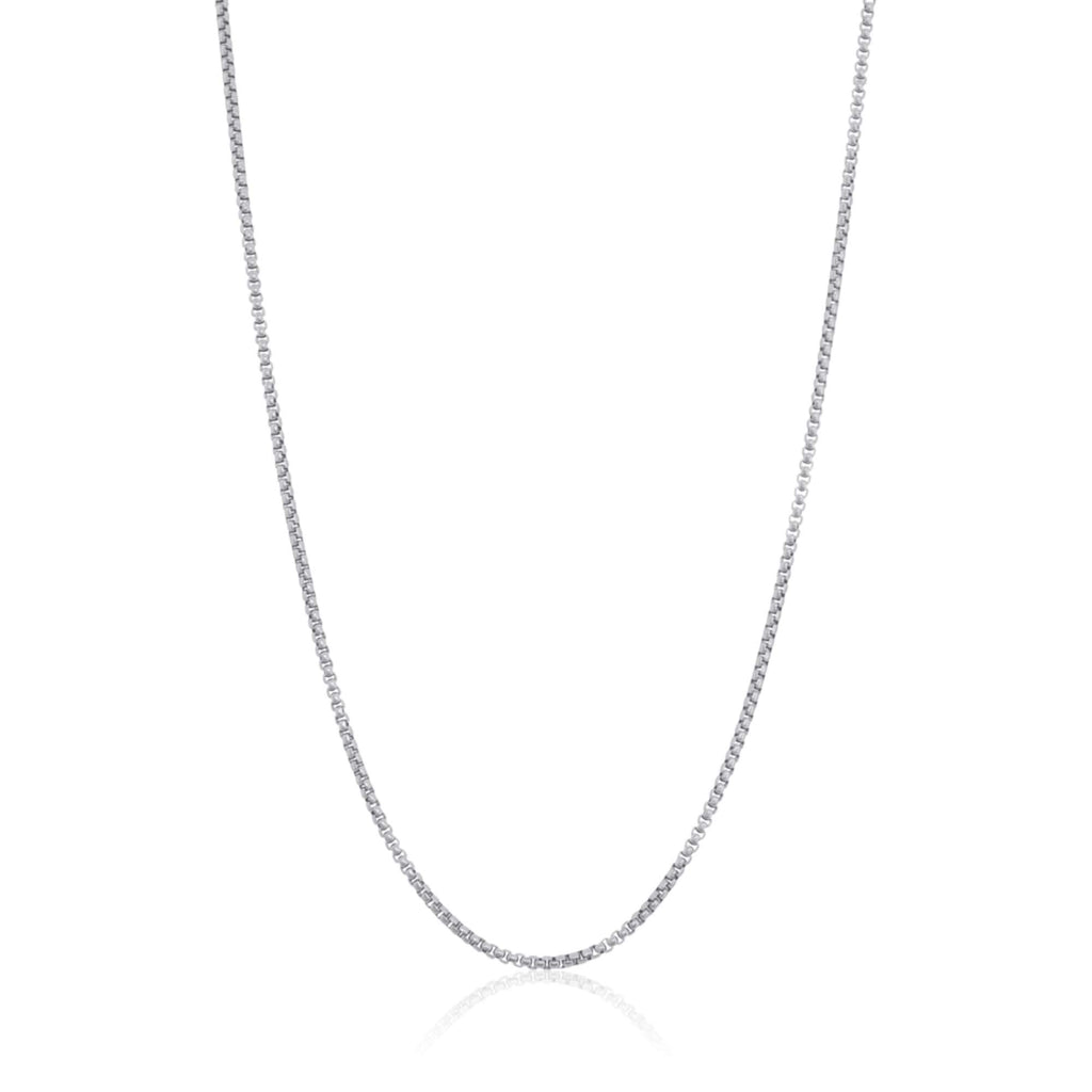 Front view of a white gold box chain necklace displayed against a white background.