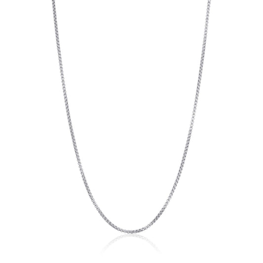 Front view of a white gold box chain necklace displayed against a white background.