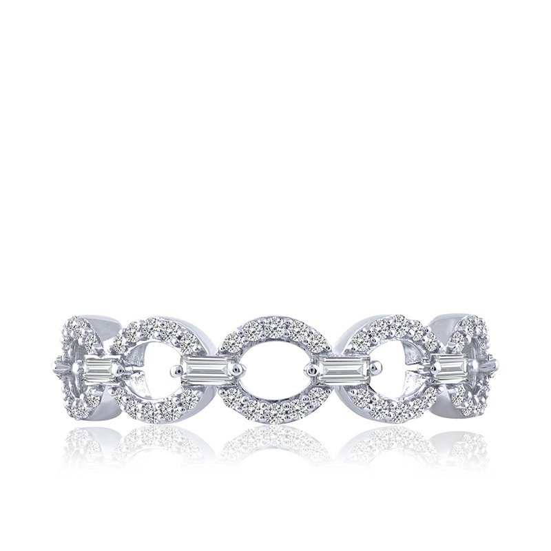 Front view of a white gold bracelet featuring diamond-set circular links connected by baguette-cut diamond accents.