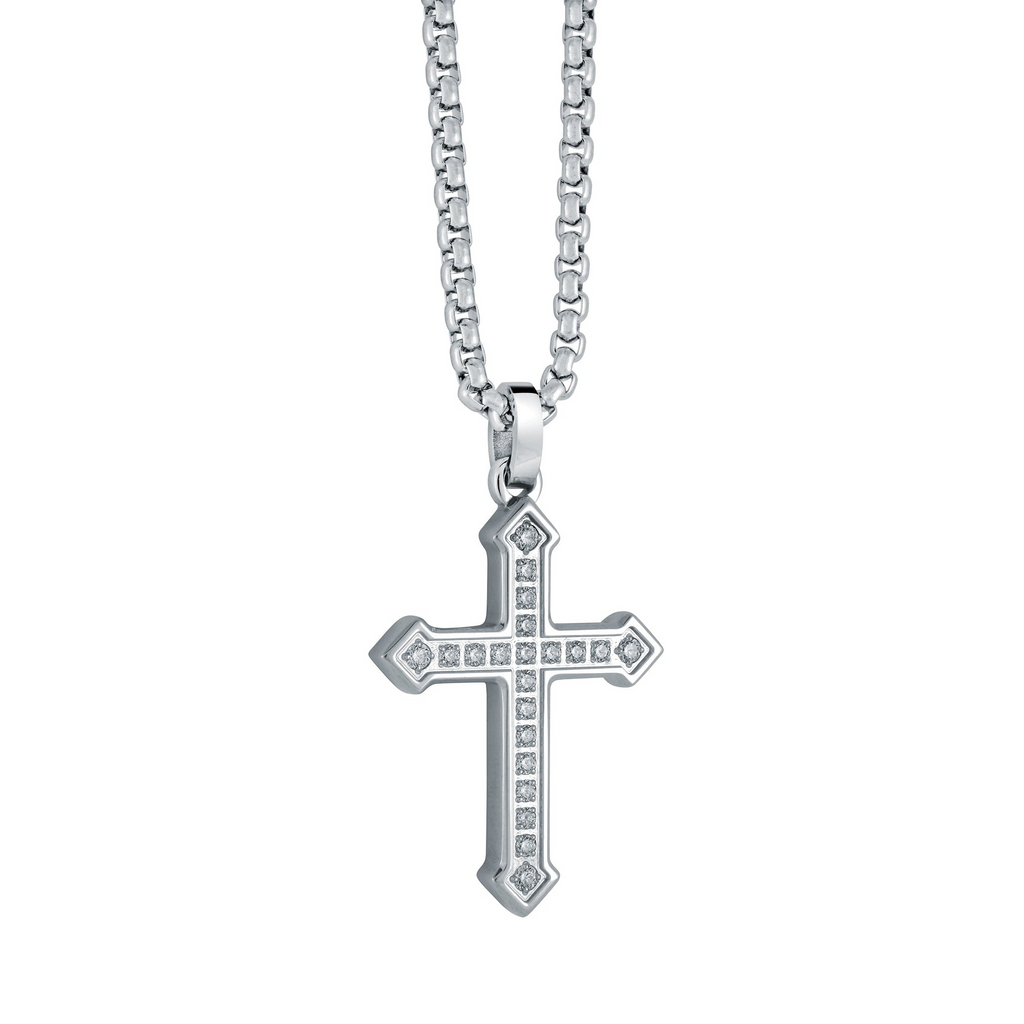 White stainless steel cross with cubic zirconia.