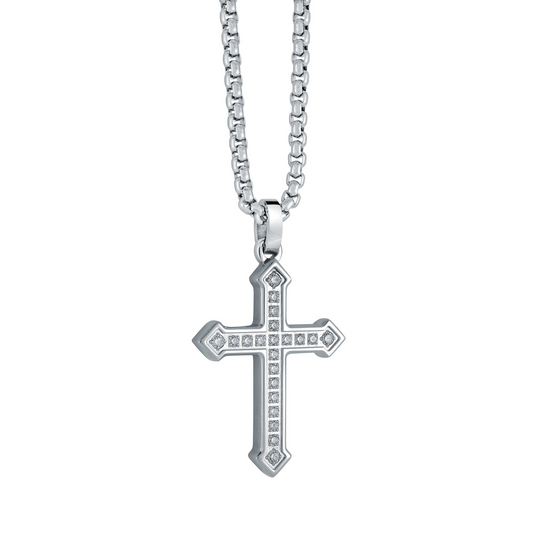 Front view of a white gold cross pendant necklace featuring a diamond-set cross suspended from a polished white gold chain.