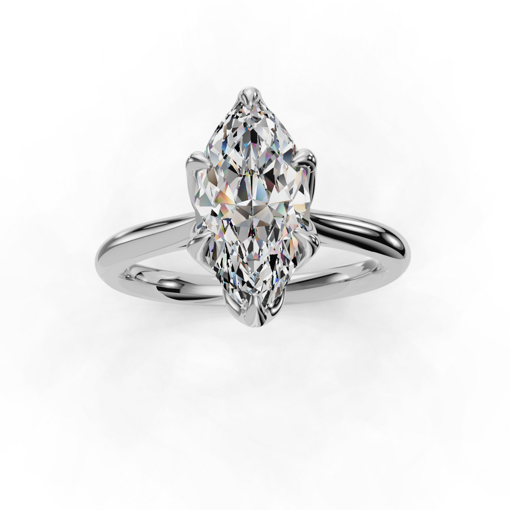 White gold ring, marquise diamond, prong setting.