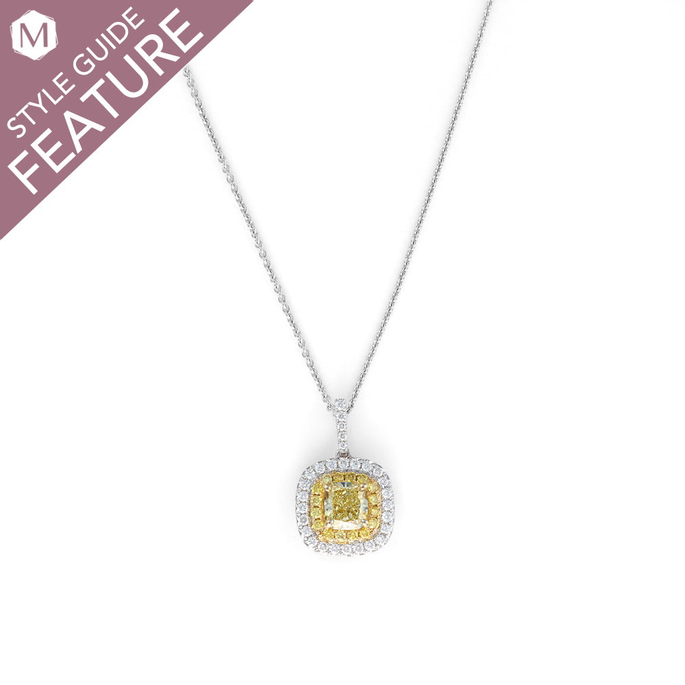 Cushion diamond necklace with yellow accents.