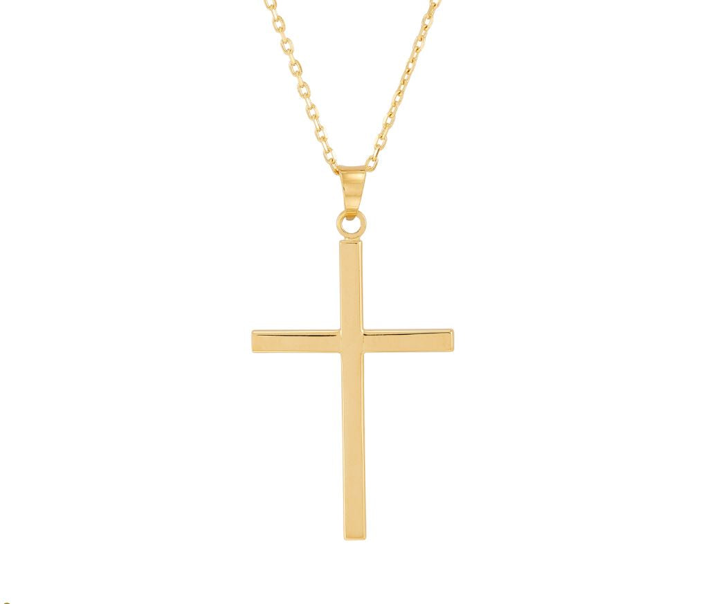 Front view of a polished yellow gold cross pendant hanging from a matching gold chain.