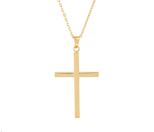 Front view of a polished yellow gold cross pendant hanging from a matching gold chain.