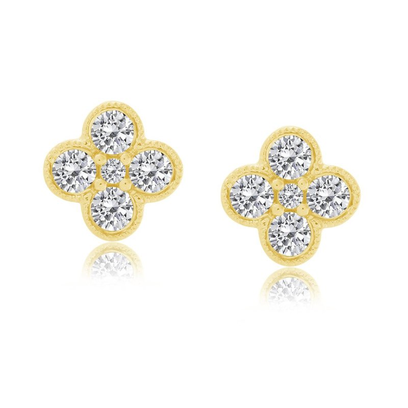 Front view of yellow gold stud earrings featuring four round diamonds arranged in a clover design around a smaller center diamond.