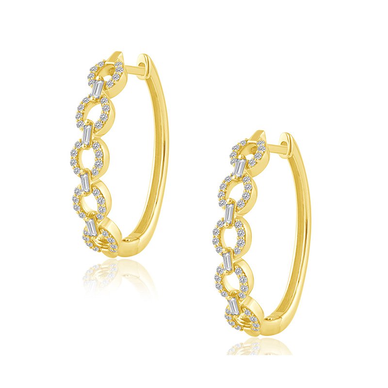Angled view of yellow gold hoop earrings featuring open oval links accented with round and baguette-cut diamonds.
