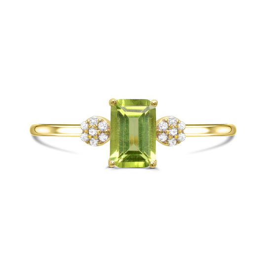 Emerald-cut Peridot ring with diamonds.