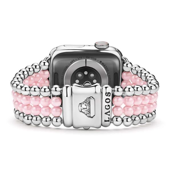 Stainless steel and pink ceramic watch band.