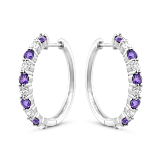 ReMARKable Designs Medium Hoop Amethyst Earrings in Sterling Silver White with 10 Round Amethysts 1.50ctw