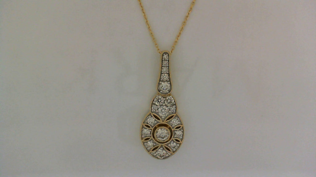 14K yellow gold necklace with round diamonds.