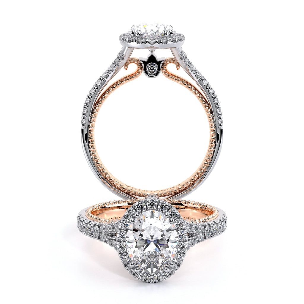 Oval diamond halo engagement ring, white-rose gold.