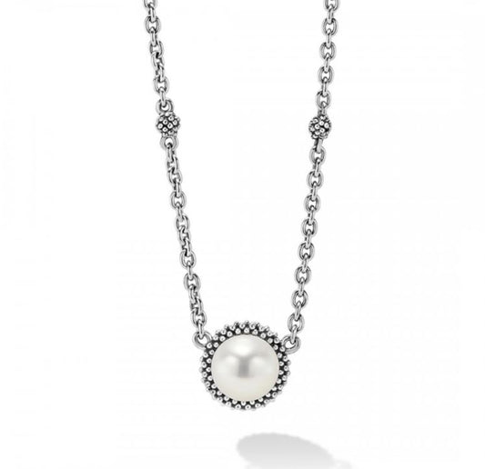 Lagos Luna Collection Color Gemstone Necklace in Sterling Silver White with 2 Freshwater Pearls 8mm