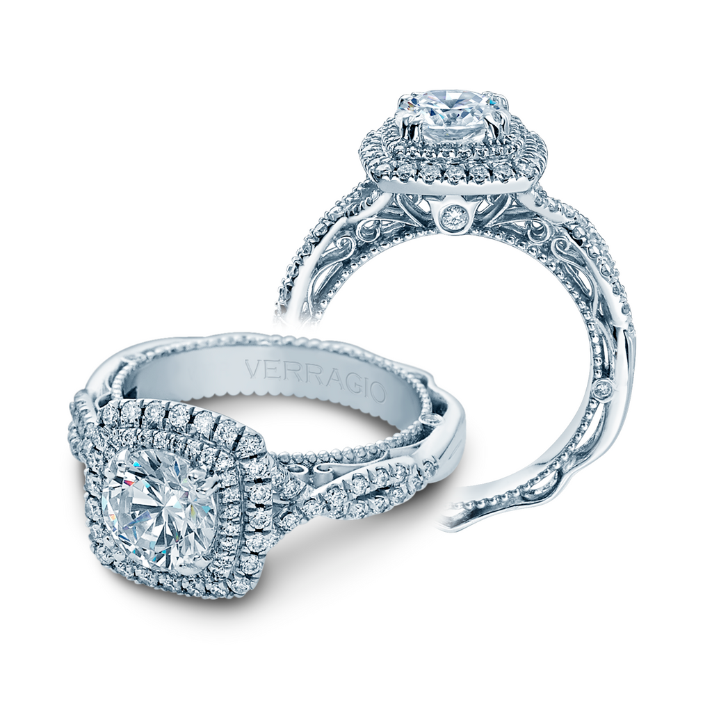 Halo diamond ring with intricate band design.