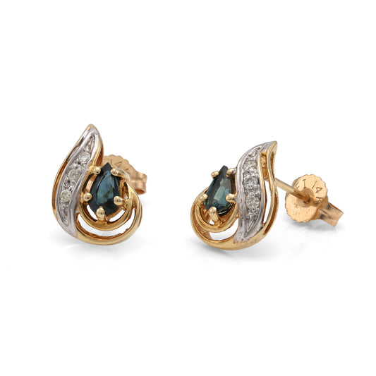 M Estate Collection Stud Color Gemstone Earrings in 14 Karat Yellow with 2 Pear Blue Sapphires 0.47ctw 5mm
