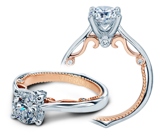18K white-rose diamond engagement ring, intricate design.
