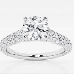 Hidden Accent Side Stone Lab-Grown Diamond Complete Engagement Ring in 14 Karat White with 1 Round Lab Grown Diamond, Color: F, Clarity: VS2, totaling 2.04ctw