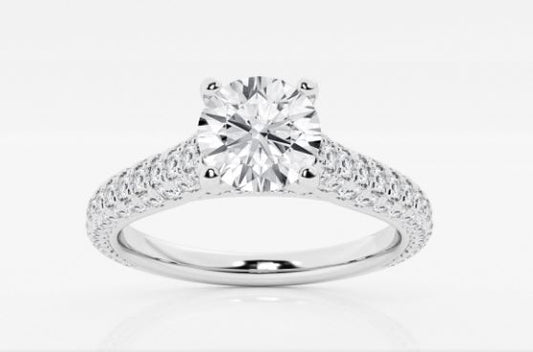 Hidden Accent Side Stone Lab-Grown Diamond Complete Engagement Ring in 14 Karat White with 1 Round Lab Grown Diamond, Color: F, Clarity: VS2, totaling 2.04ctw