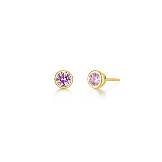 Stud Color Gemstone Earrings in Sterling Silver Yellow with 2 Round Simulated Pink Tourmalines 0.34ctw