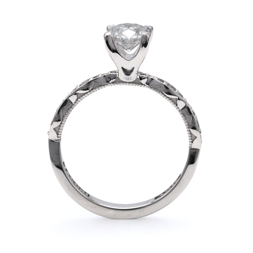 18K white gold diamond engagement ring, side stones.