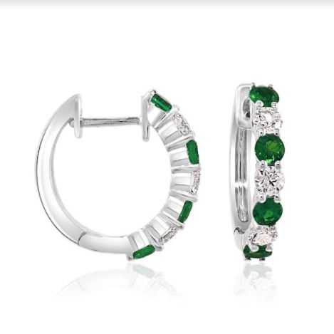 Emerald and diamond small hoop earrings.