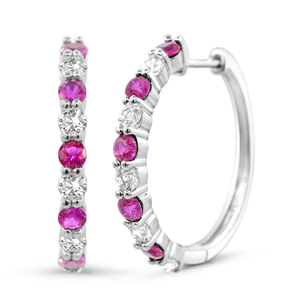 Medium Hoop Color Gemstone Earrings in Sterling Silver White with 10 Round Lab Created Rubies 1.80ctw