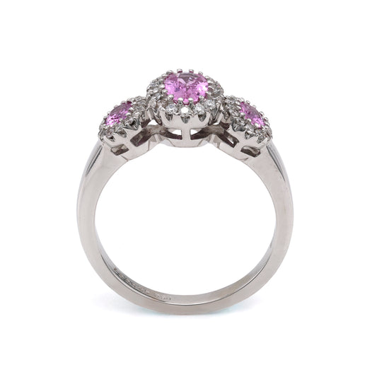 Marks Estate Department 2 Color Gemstone Ring in 18 Karat White Gold with 3 Oval Pink Sapphires 0.92ctw 4mm-6mm