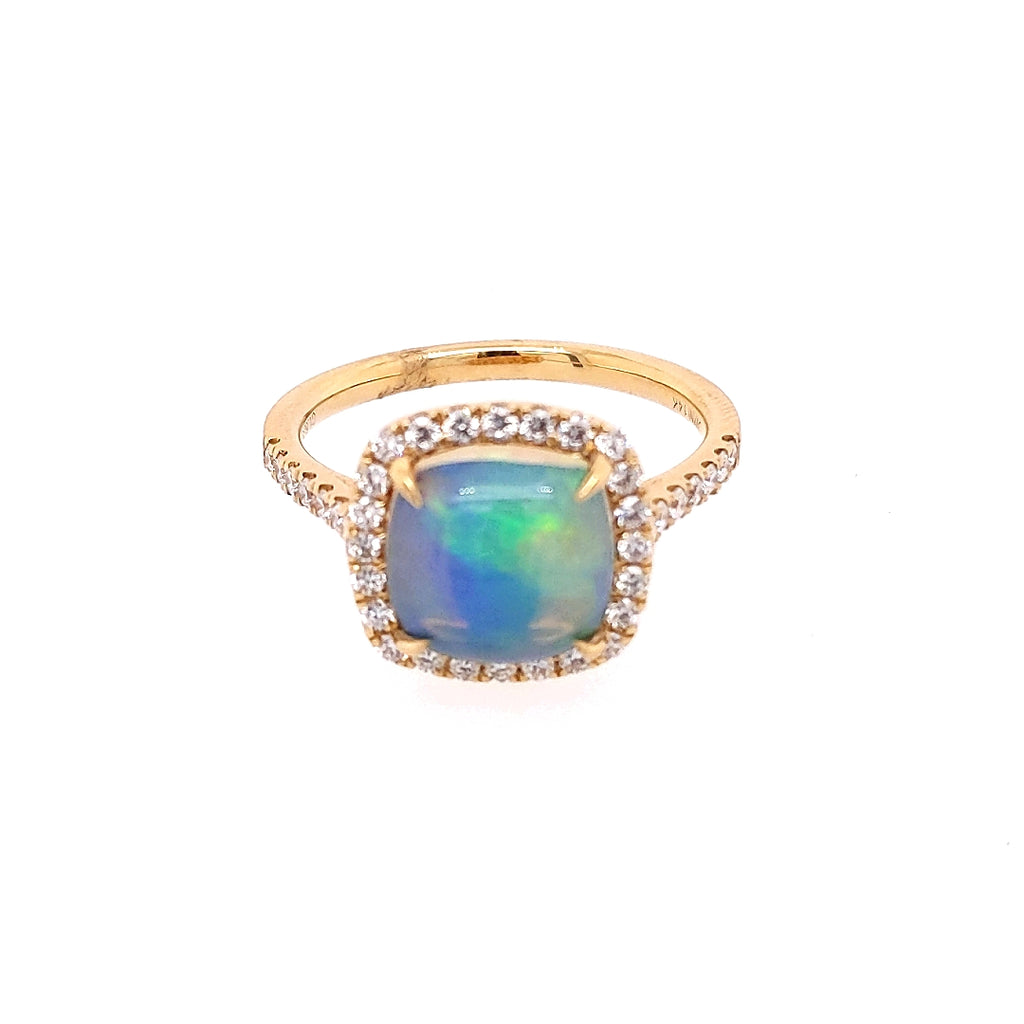Precious Color Collection Natural Diamond Color Gemstone Ring in 14 Karat Yellow with 1 Cushion Opal 1.80ctw
